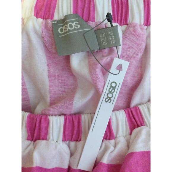 Asos Women's Stripe Ruffled Neckline Off Shoulder Mini Dress Pink White Us 12 - Picture 4 of 6